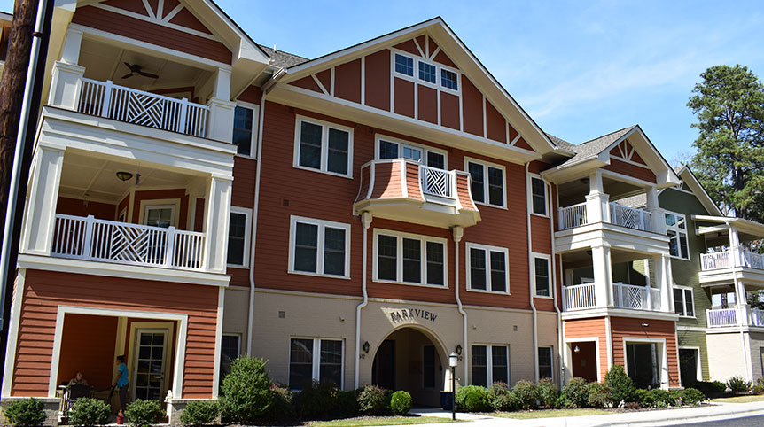 Exterior view of the Penick Village Parkview apartments.
